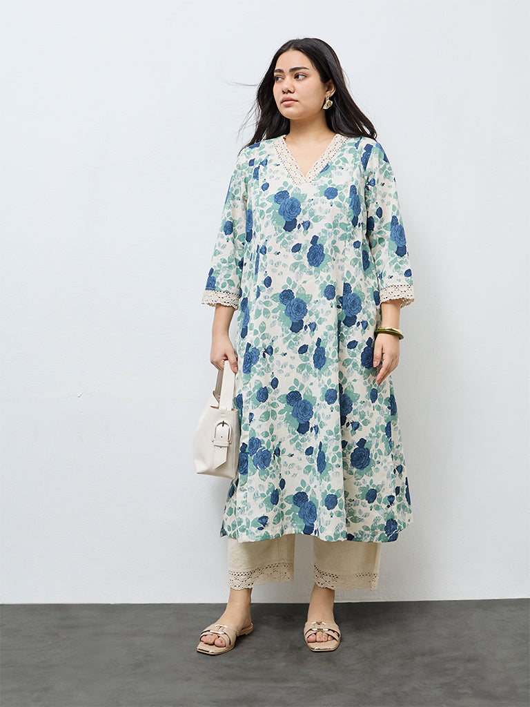 Diza Blue Floral Printed Cotton-Blend A-Line Kurta