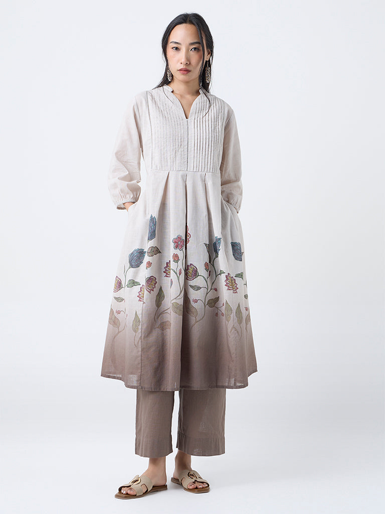 Utsa Taupe Foliage Printed Fit-and-Flare Cotton Kurta