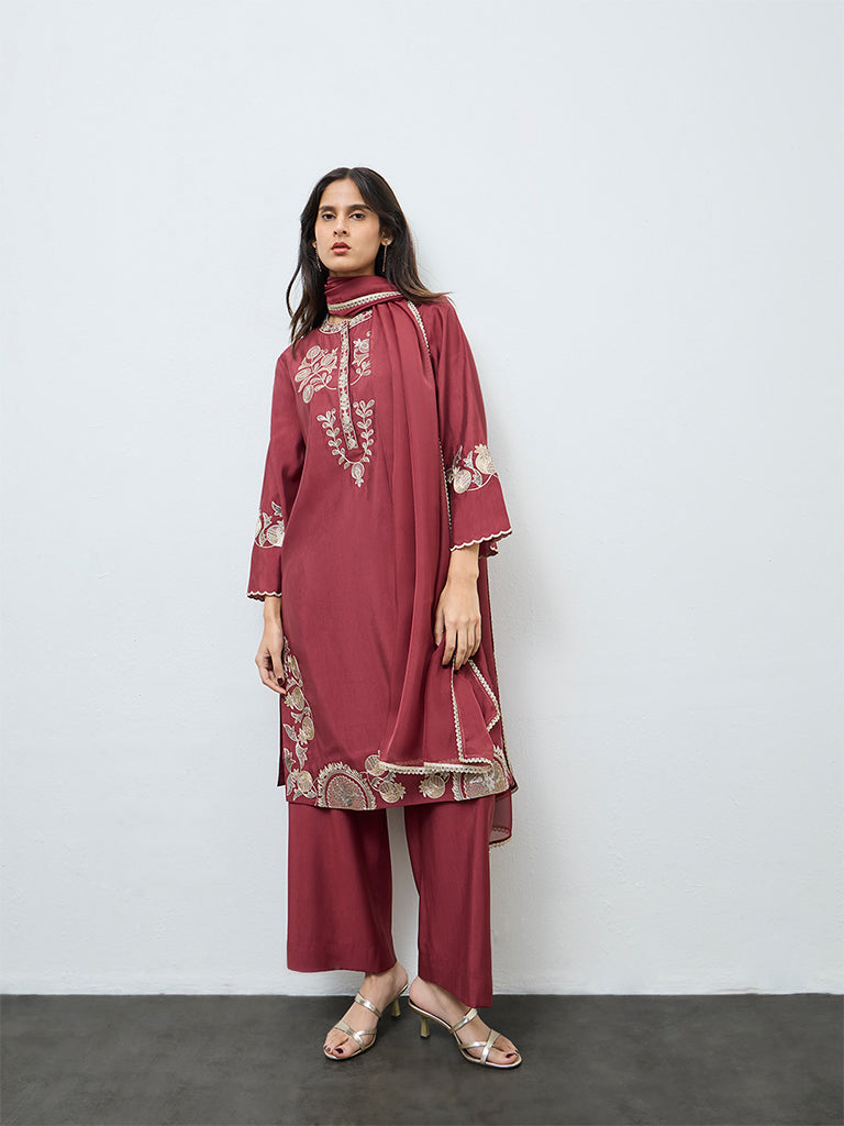 Vark Rust Floral Embroidered A-Line Ethnic Set