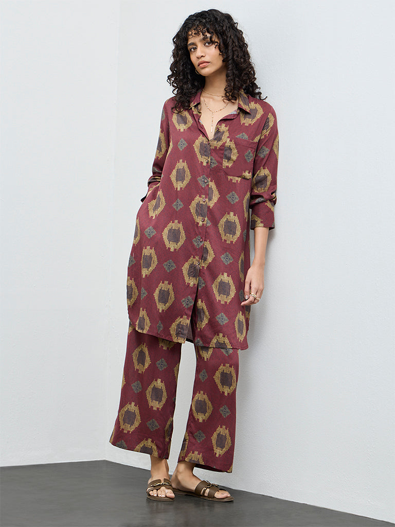 Utsa Maroon Printed A-Line Cotton Kurta