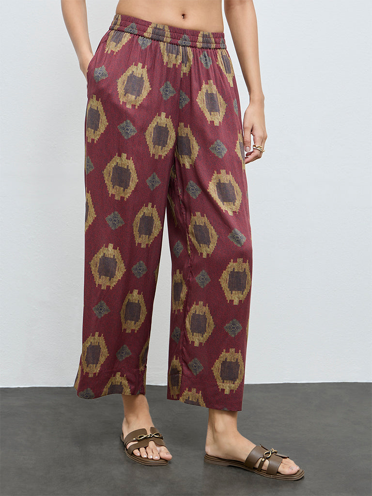 Utsa Maroon Printed Cotton Palazzos