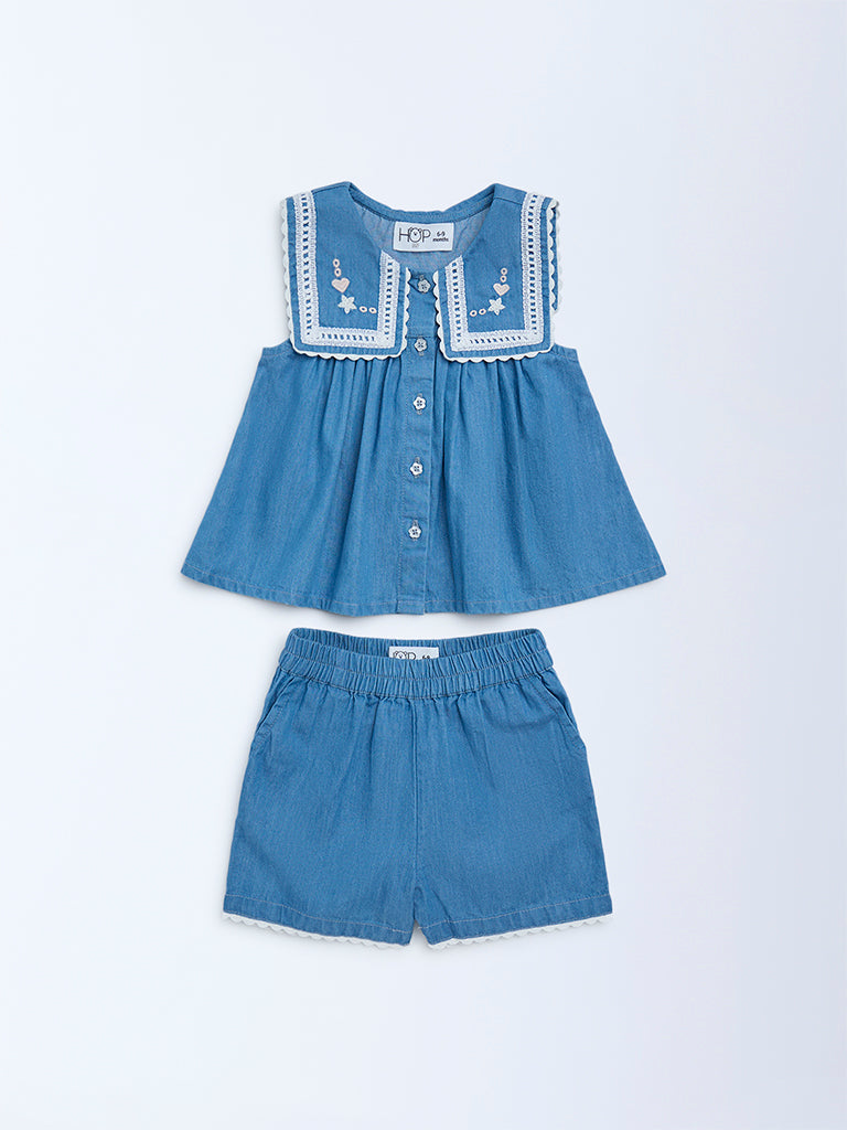 HOP Baby Girls Blue Embroidered Denim Top and Shorts Set