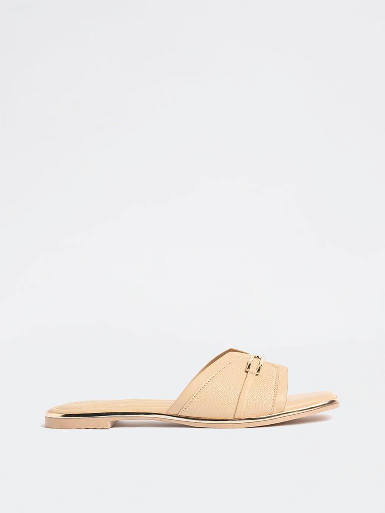 LUNA BLU Beige Metallic Detailed Slides