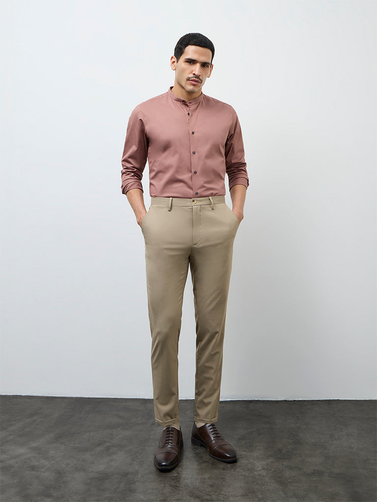 WES Formals Khaki Slim-Fit Mid-Rise Trousers
