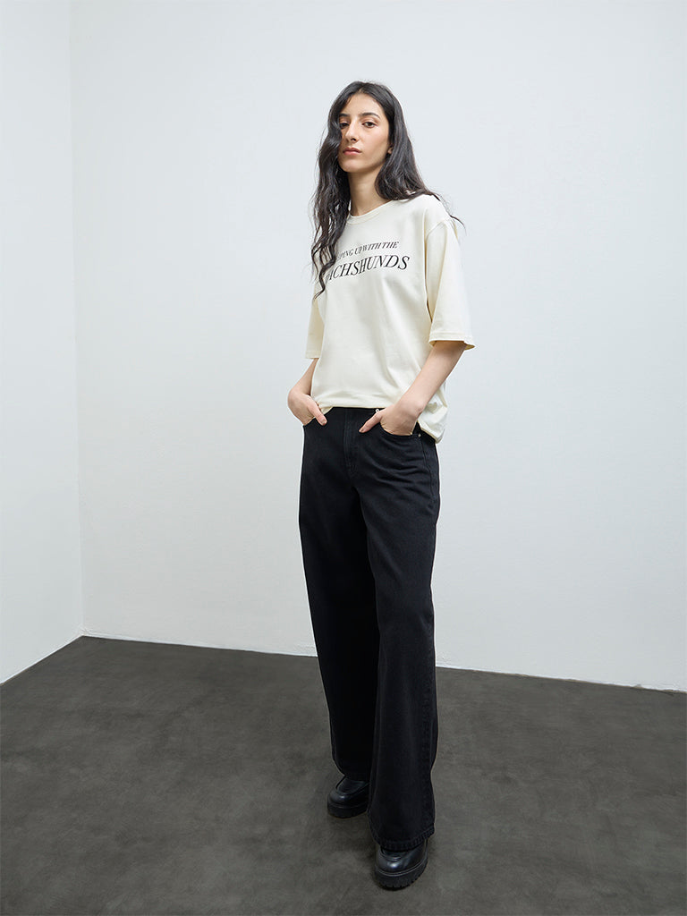 Nuon Black Wide-Leg-Fit High-Rise Cotton Jeans