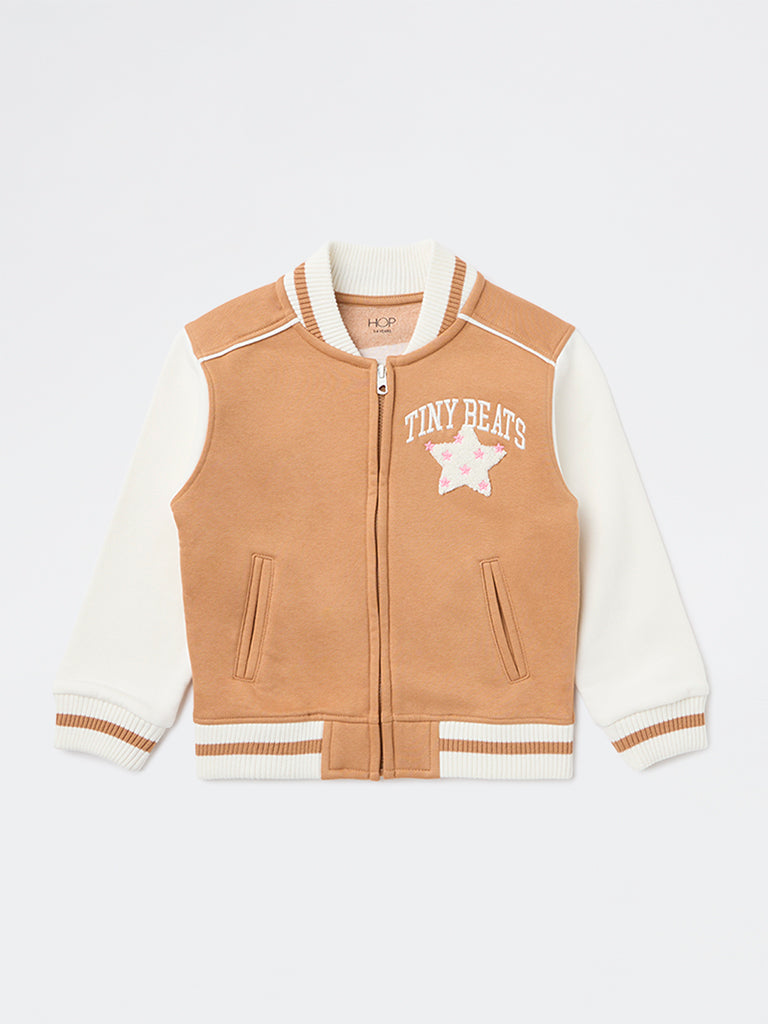 HOP Kids Girls Brown and Off-White Cotton-Blend Bomber Jacket