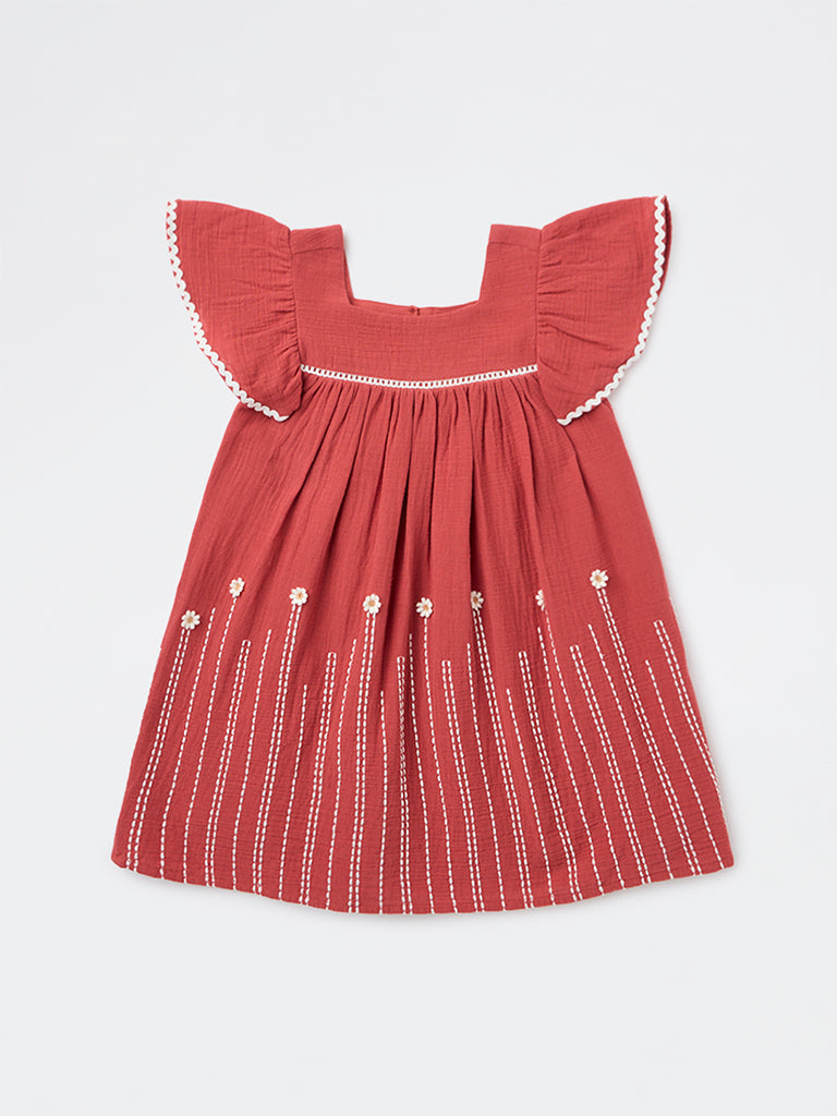 HOP Kids Girls Rust Embroidered Empire-Line Cotton Dress