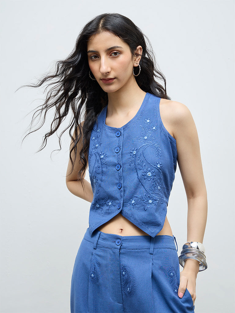 Bombay Paisley Blue Embroidered Cotton-Blend Waistcoat Top