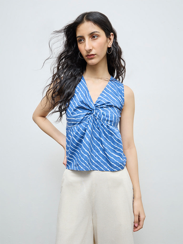 Bombay Paisley Blue Striped Cotton Peplum Top