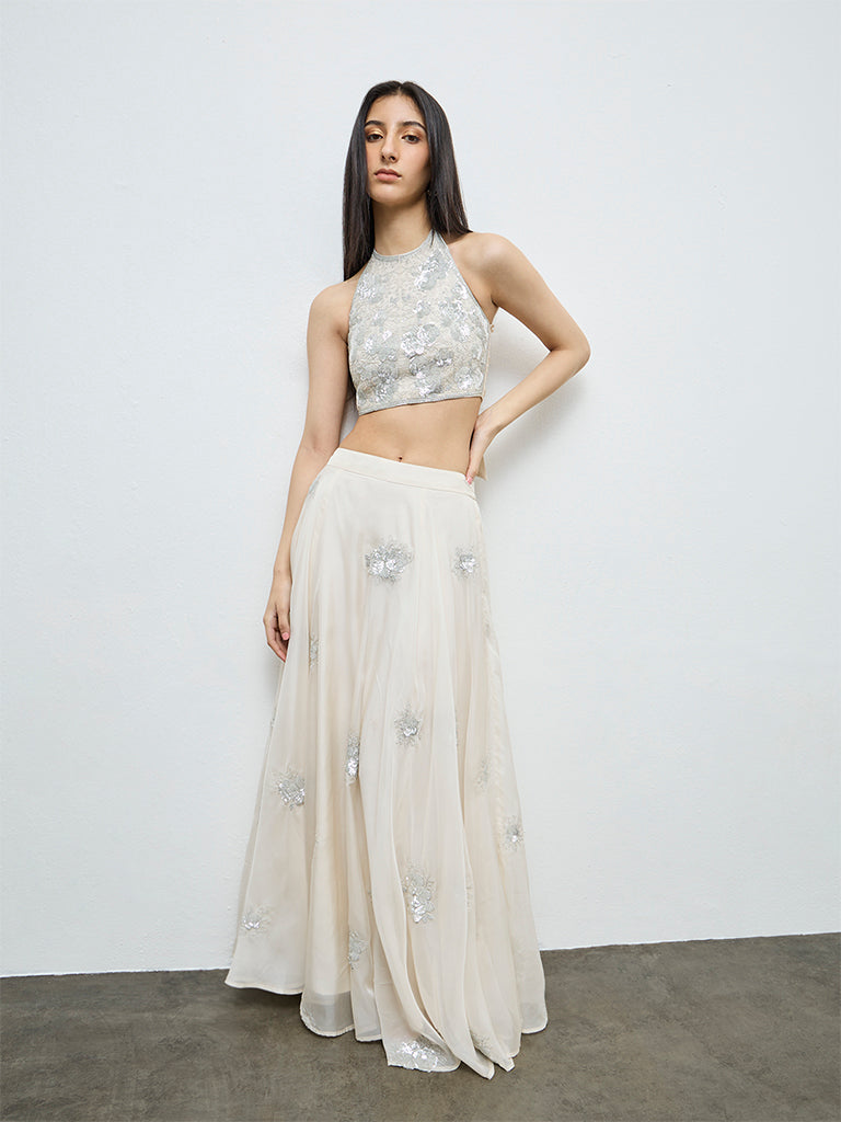 Vark Off-White Floral Embellished Skirt