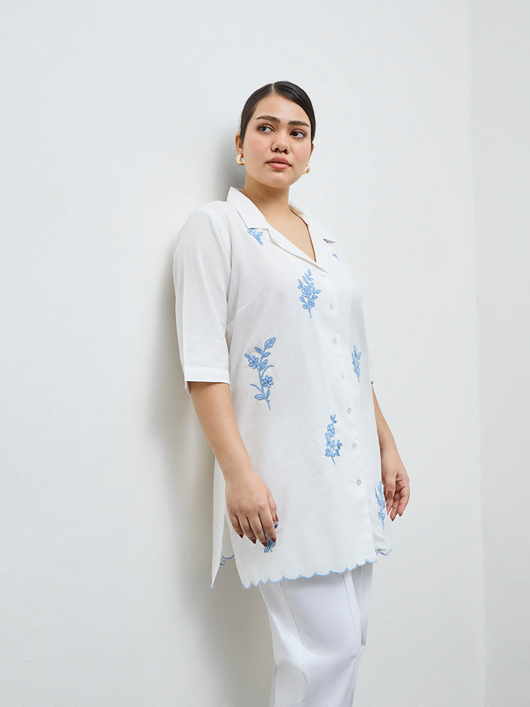 Diza White Floral Embroidered Cotton-Blend Tunic