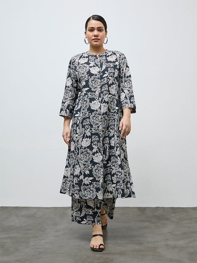 Diza Black Botanical Design A-Line Kurta