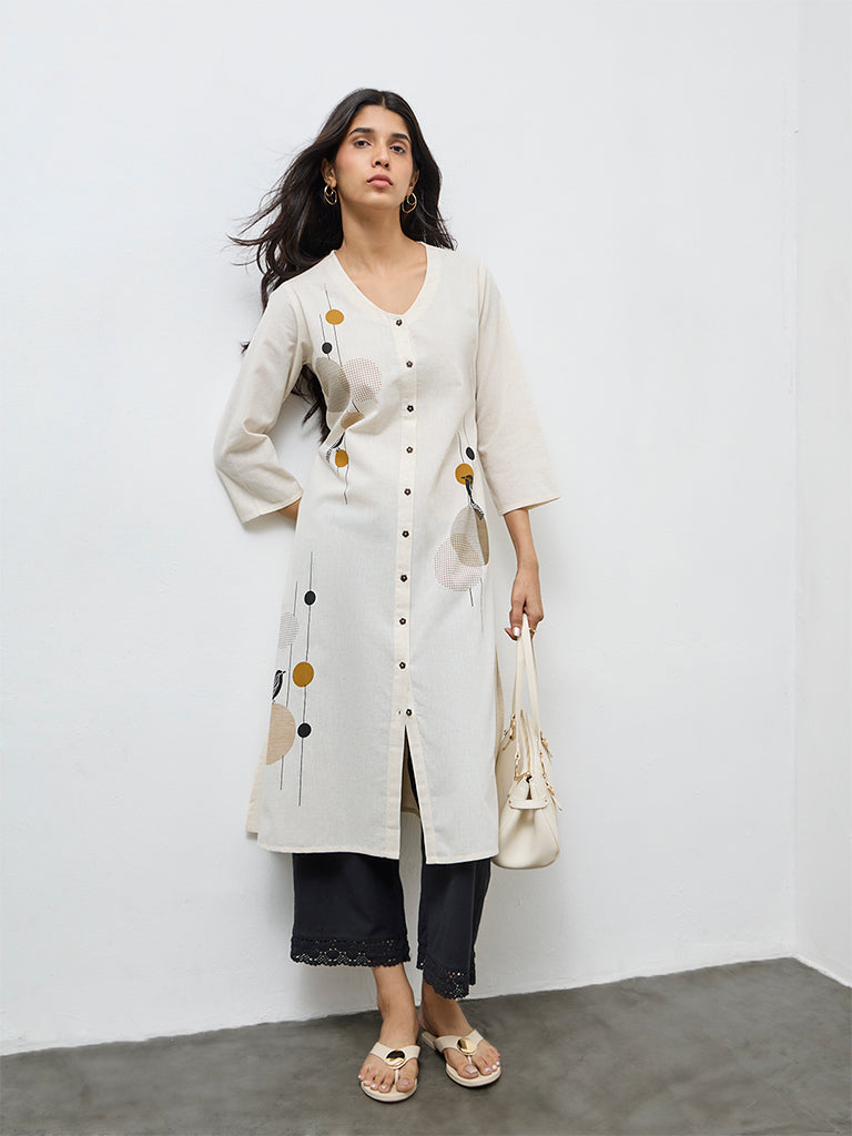 Utsa Off-White Bird Print Cotton-Blend A-Line Kurta