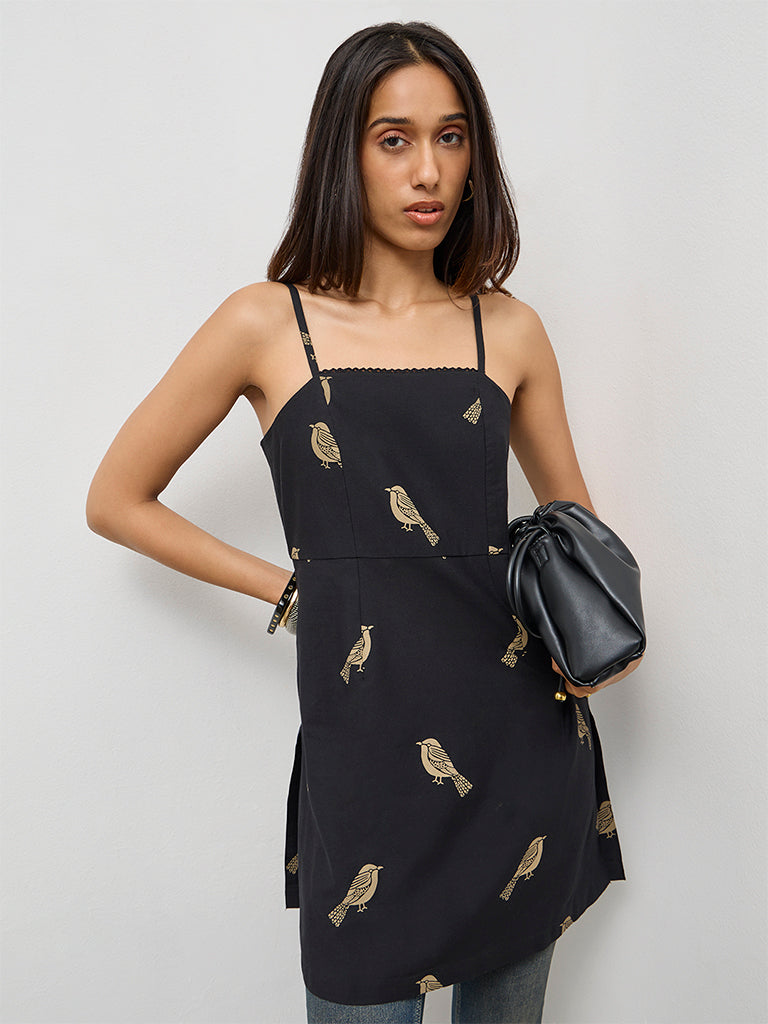 Utsa Black Bird Pattern Cotton-Blend Kurti