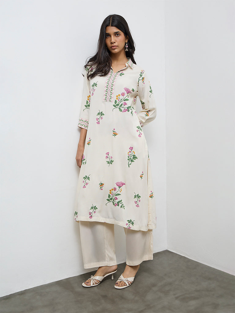 Utsa Off-White Floral Printed A-Line Kurta
