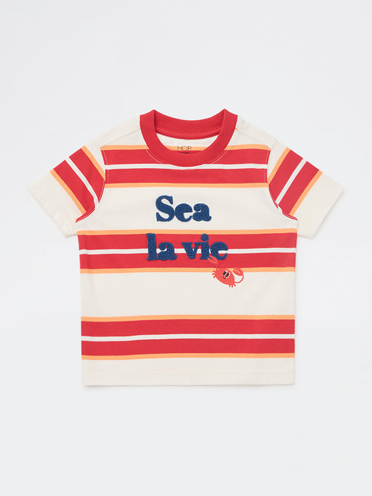 HOP Kids Boys Red Striped Cotton T-Shirt