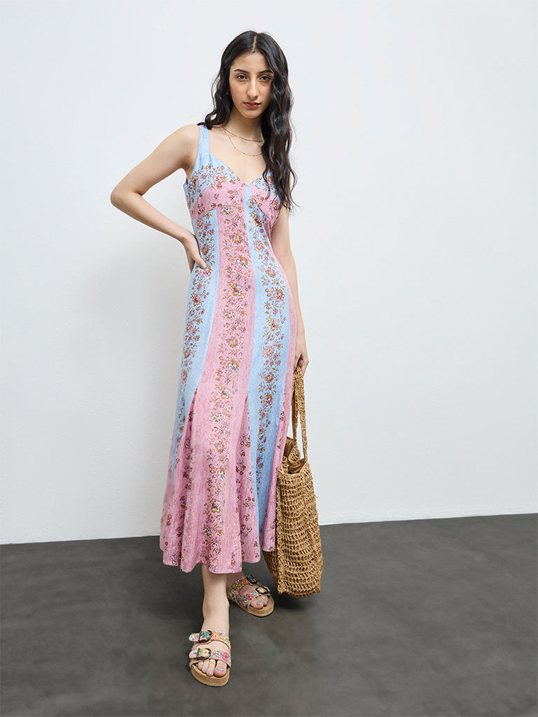 Bombay Paisley Multicolour Botanical Design Cotton A-Line Dress