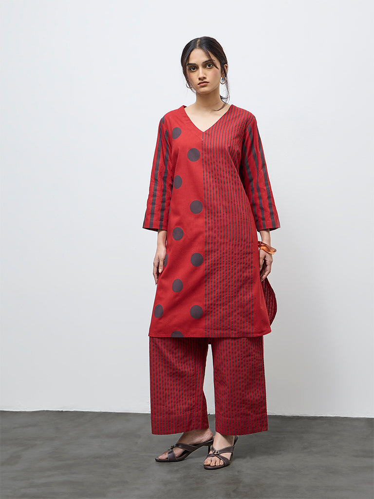 Utsa Red Printed Cotton-Blend A-Line Kurta