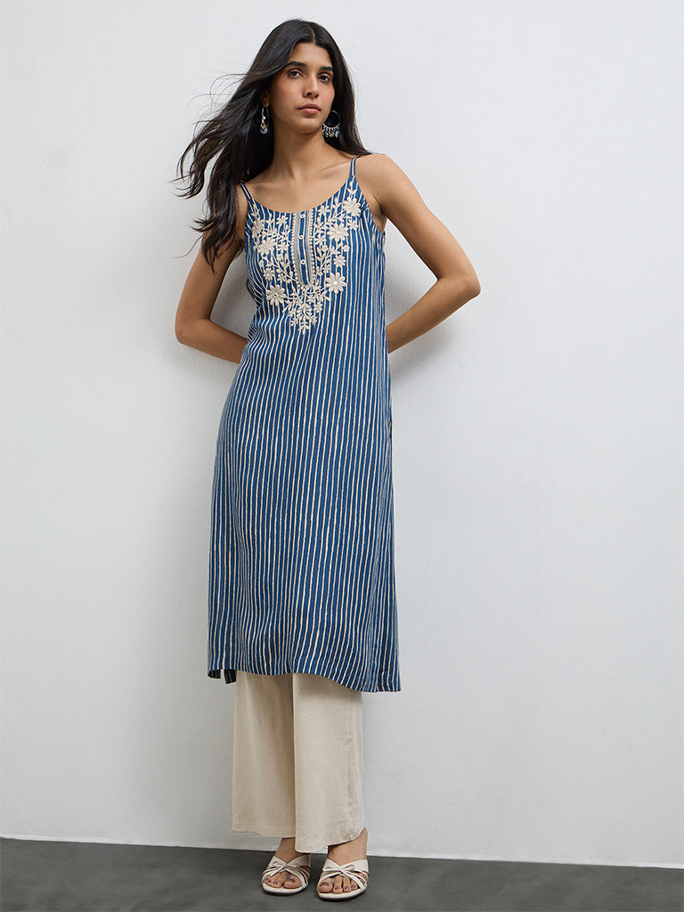 Utsa Indigo Striped A-Line Kurta