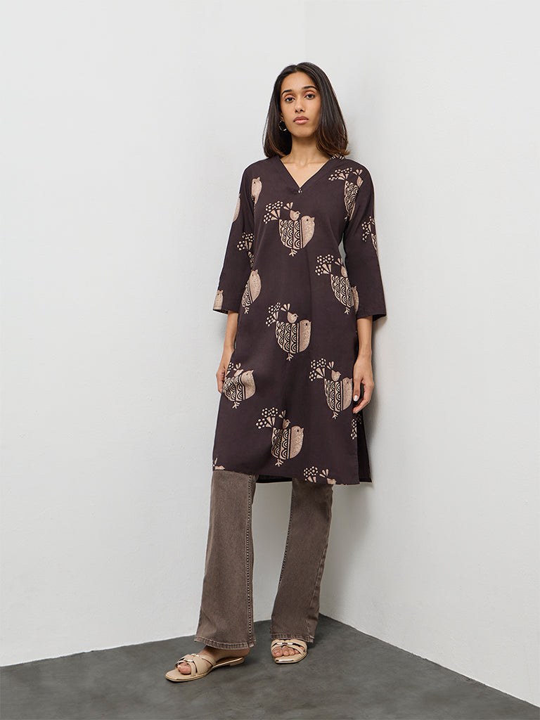 Utsa Dark Brown Bird Print Cotton Straight Kurta