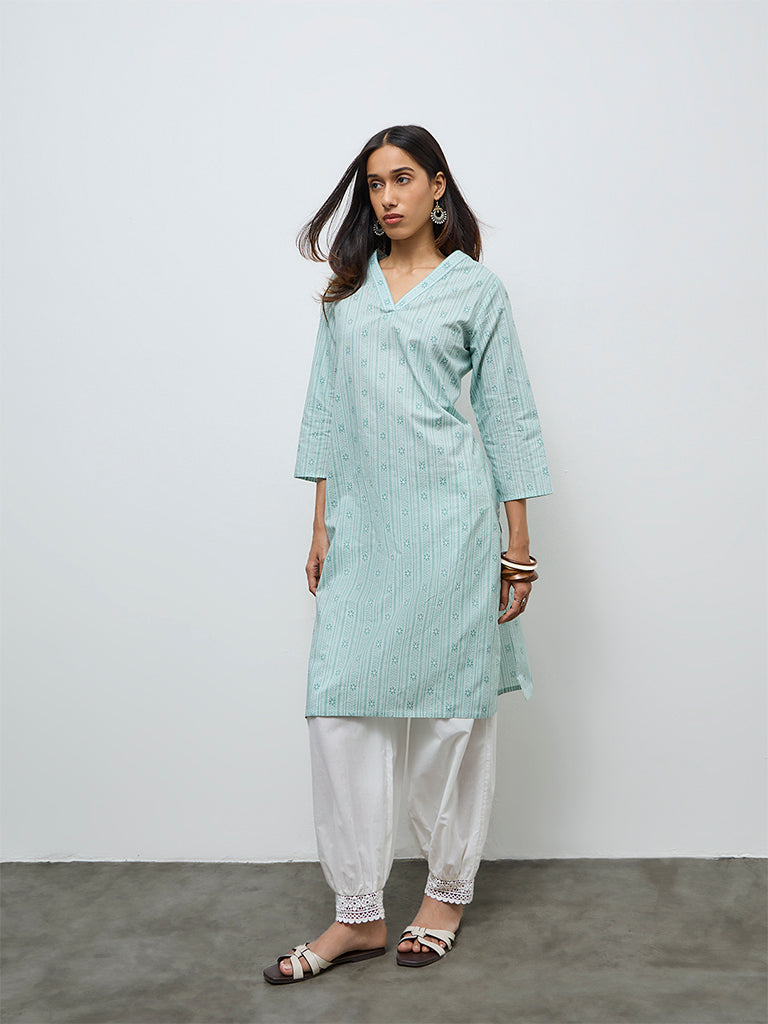 Utsa Mint Leaf Printed Cotton Straight Kurta