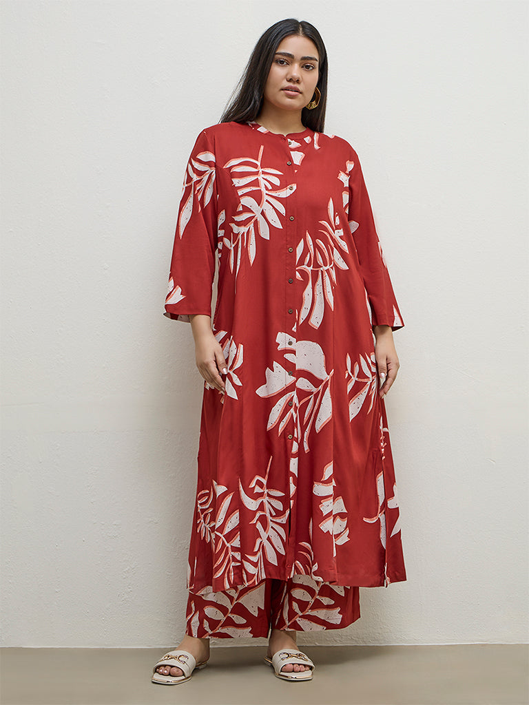 Diza Red Botanical Printed A-Line Kurta