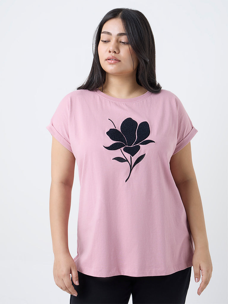 Gia Blush Pink Floral Embroidered Cotton T-Shirt