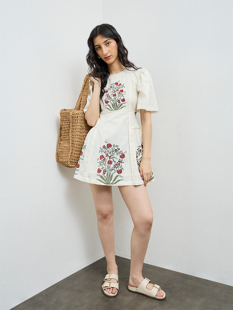 Bombay Paisley Off-White Floral Cotton-Blend A-Line Dress