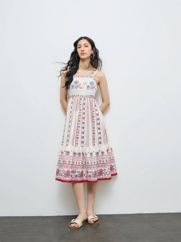 Bombay Paisley Off-White Embroidered Cotton A-Line Dress