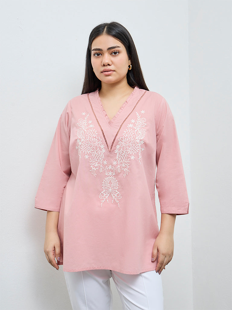 Diza Pink Floral Embroidered Cotton Tunic
