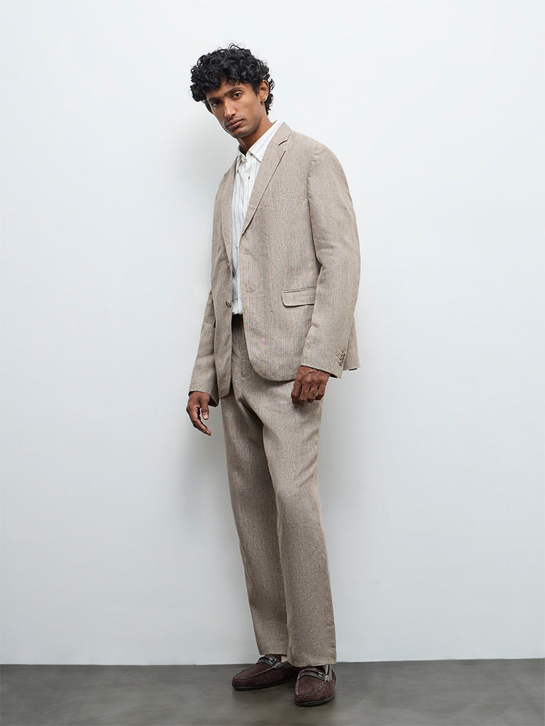 Ascot Taupe Checkered Relaxed-Fit Linen Blazer