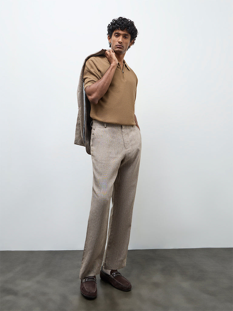 Ascot Taupe Checkered Relaxed-Fit Mid-Rise Linen Trousers