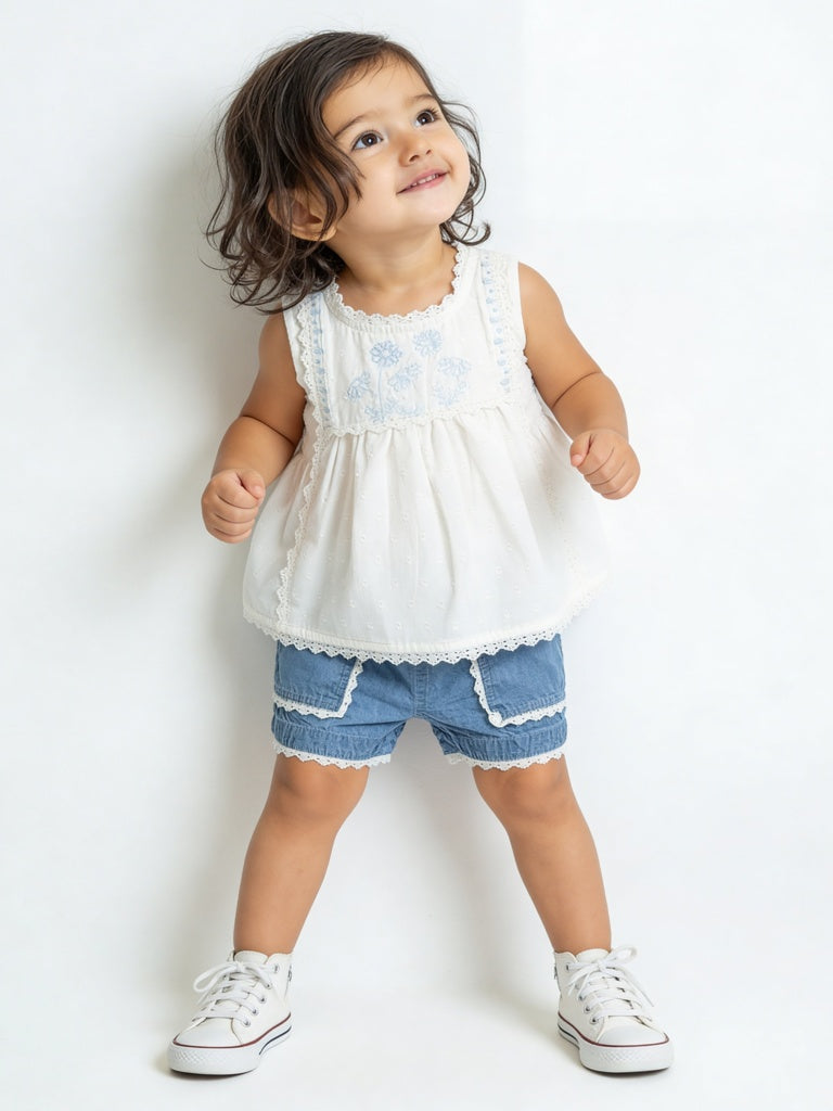 HOP Baby Girls White Floral Embroidered Cotton Top and Shorts Set