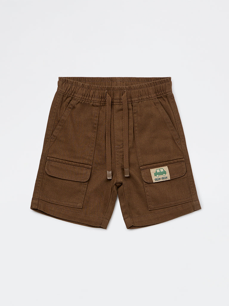 HOP Kids Boys Dark Brown Relaxed-Fit Mid-Rise Cotton-Blend Shorts