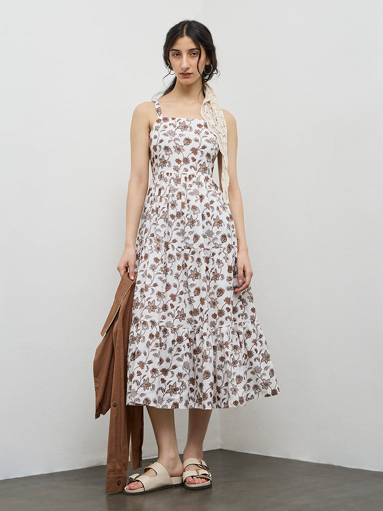 Bombay Paisley Brown Floral Cotton Tiered Dress with Jacket