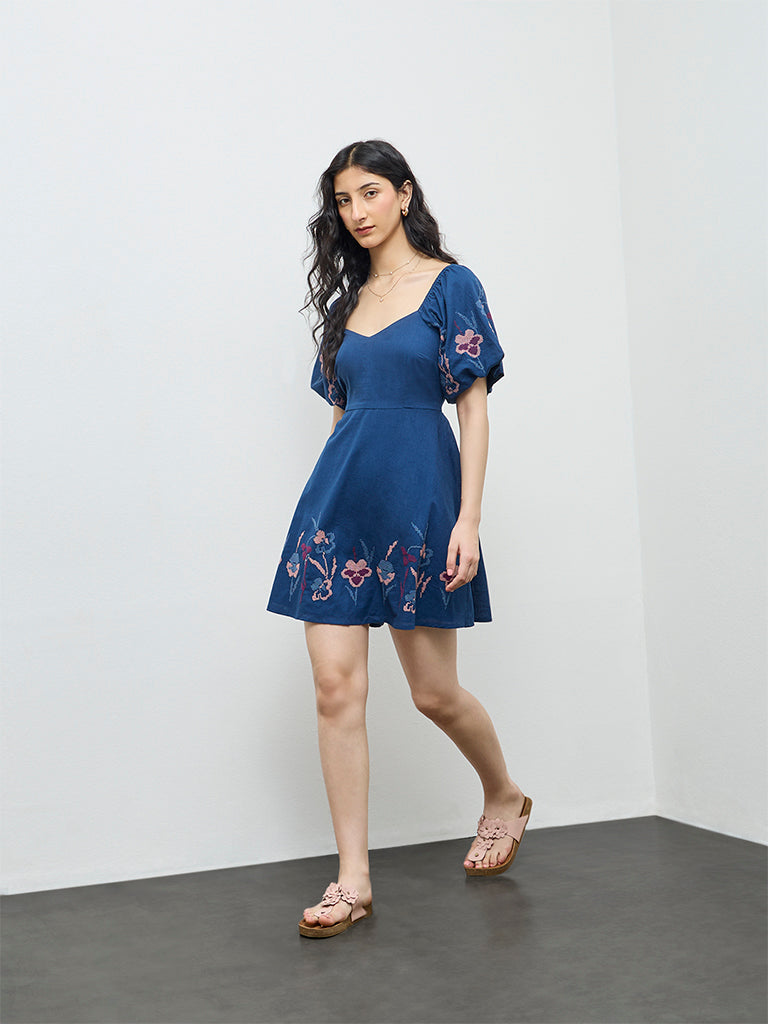 Bombay Paisley Blue Floral Embroidered A-Line Cotton Dress