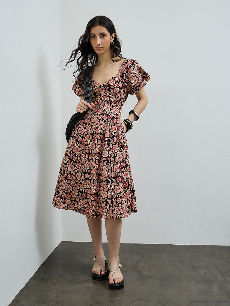 Bombay Paisley Black Floral Design Cotton A-Line Dress