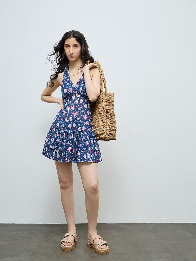 Bombay Paisley Blue Floral Design Cotton A-Line Dress