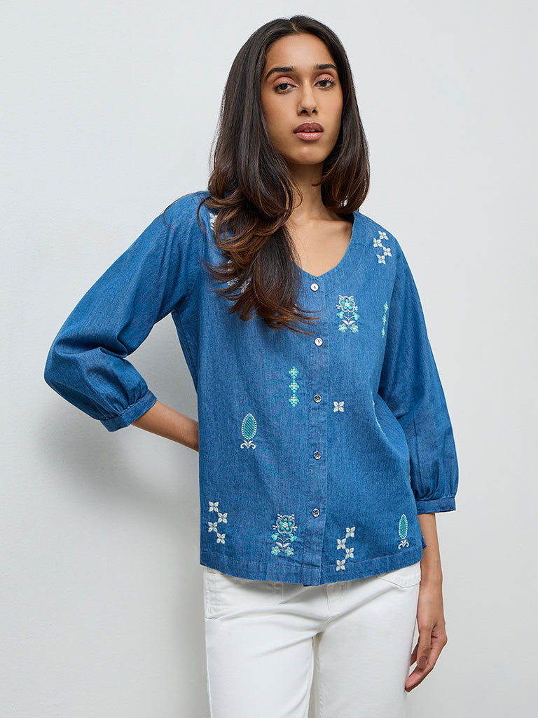 Utsa Blue Embroidered Denim Tunic