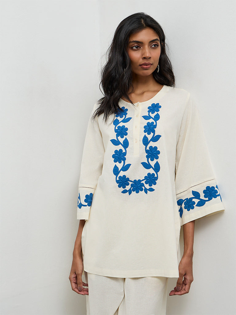 Utsa Off-White Floral Embroidered Cotton-Blend Tunic