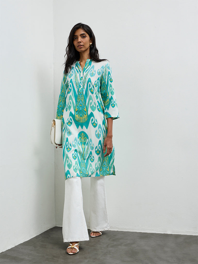 Utsa Aqua Printed A-Line Cotton Kurta