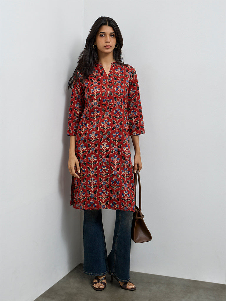Utsa Maroon Printed Cotton Straight Kurta