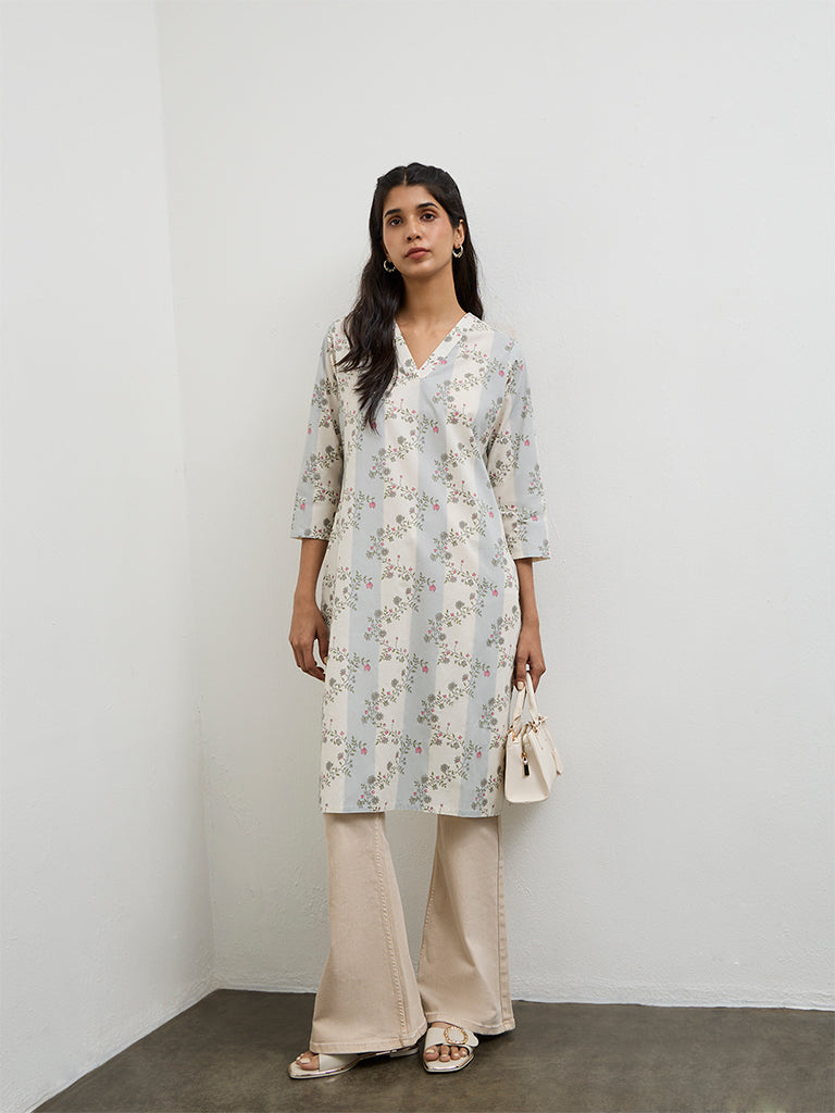 Utsa Grey Floral Printed Cotton Straight Kurta