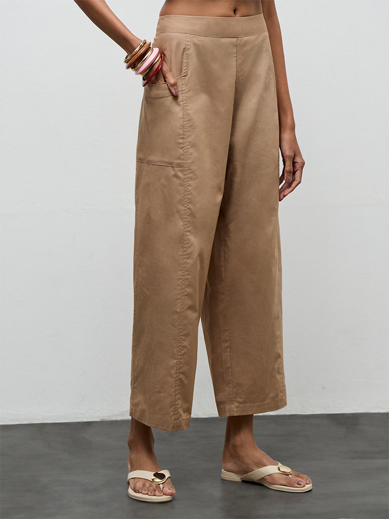 Utsa Beige Solid Cotton Pants