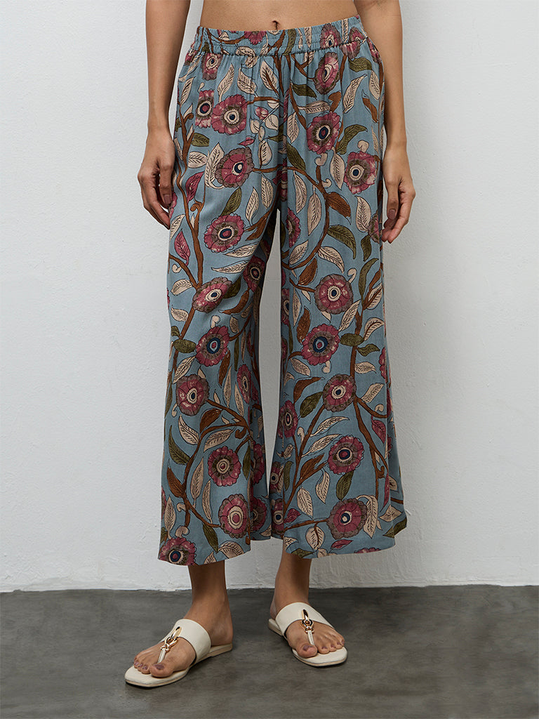 Utsa Dusty Blue Foliage Pattern Palazzos