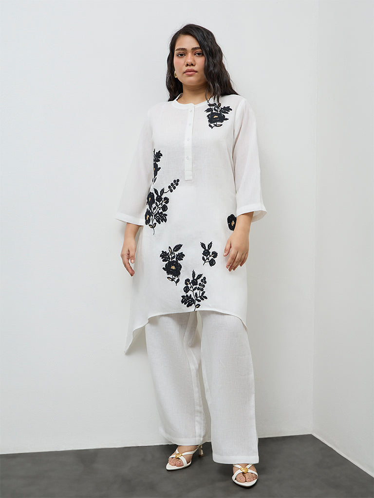 Diza White Floral Embroidered A-Line Linen Kurta