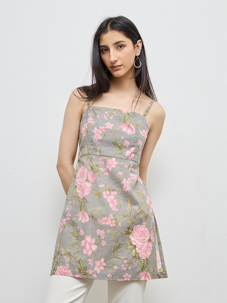 Utsa Grey Floral Cotton Tunic