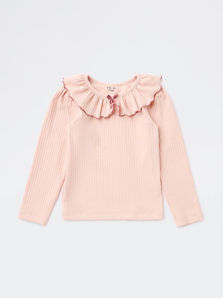 HOP Kids Girls Pink Ribbed Bow-Detail Cotton-Blend Top