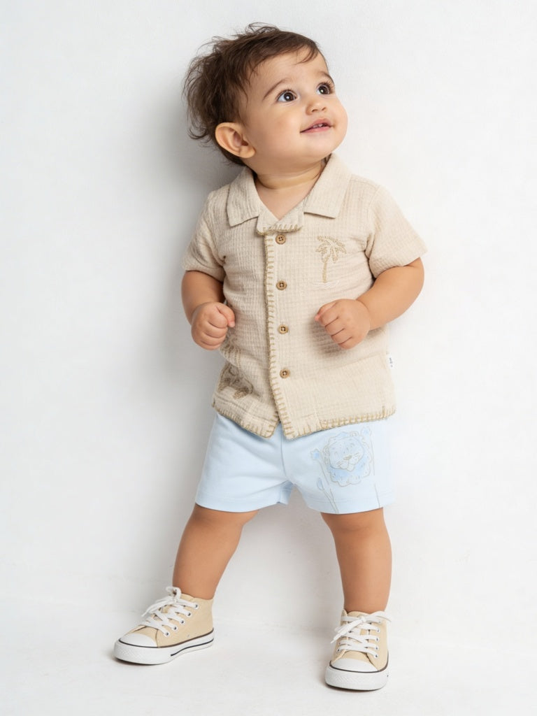 HOP Baby Boys Beige Waffle-Textured Cotton Shirt