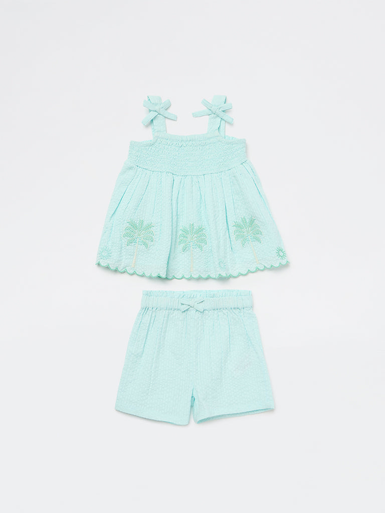 HOP Baby Girls Mint Floral Embroidered Cotton Top and Shorts Set